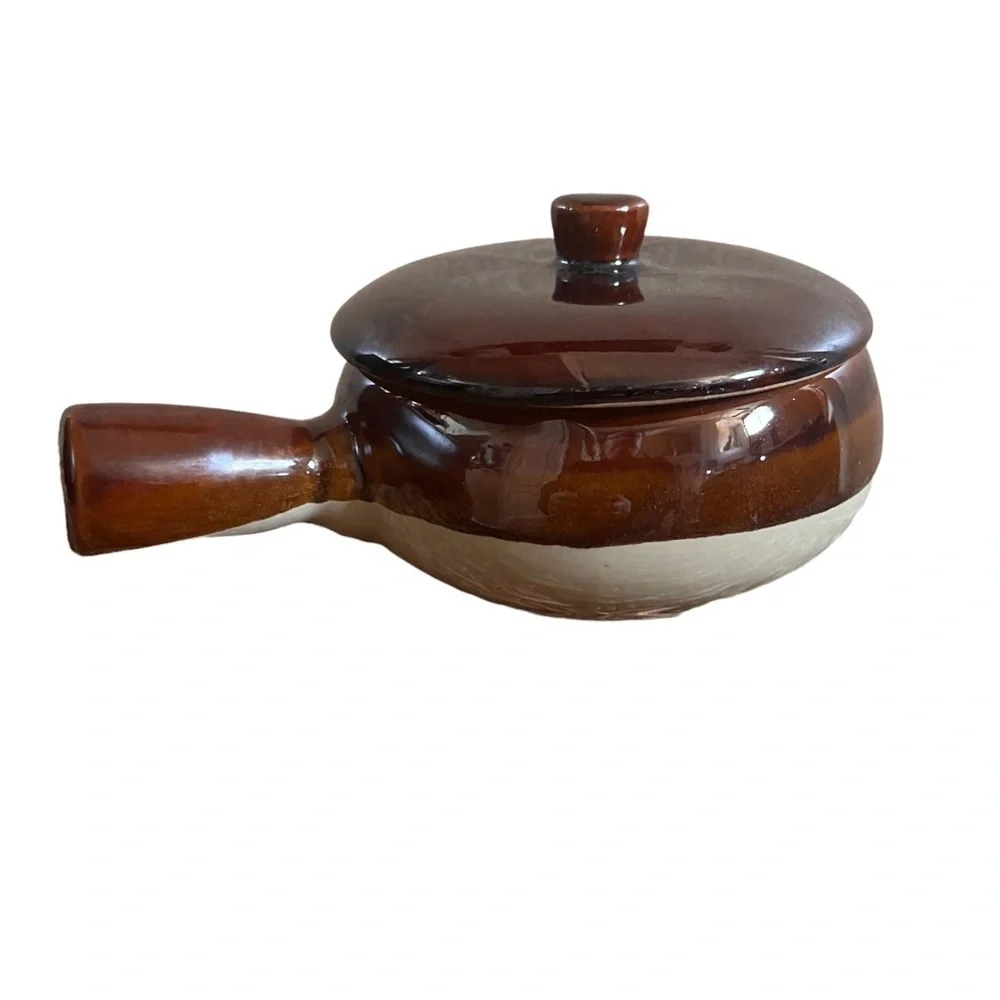 Vintage stoneware pot with lid brown beige handle oven safe cooking baking